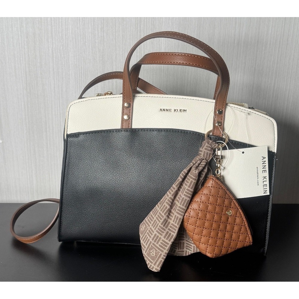 NWT | ANNE KLEIN STYLE REMI CROSSBODYSTRAP/DOUBLE HANDLES BLACK & STONE SATCHEL